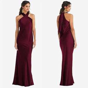 LOVELY TWIST HALTER BRIDESMAID MAXI‎ TRUMPET GOWN IN CABERNET NWT WOMEN'S SMALL